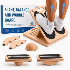 Slant Board for Exercise, 3-in-1 Wooden Calf Stretcher, Rocker Balance Board and 360° Wobble Board, 5 Adjustable Angles, Anti-Slip Surface, Training Poster Included Slant Board for Exercise, 3-in-1 Wooden Calf Stretcher, Rocker Balance Board and 360° Wobble Board, 5 Adjustable Angles, Anti-Slip Surface, Training Poster Included