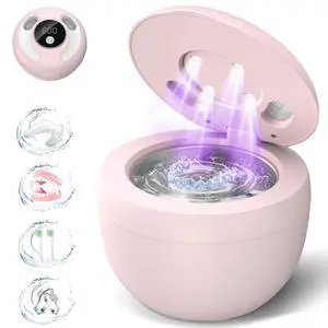 Dental Ultrasonic Retainer Cleaner Machine: 45kHz Dental Cleaning Pod for Denture, Mouth Guard, Night Guard, Aligner, Braces, Toothbrush Head & Jewelry, UV Cleaner with Digital Timer & 4 Modes, Pink Dental Ultrasonic Retainer Cleaner Machine: 45kHz Dental Cleaning Pod for Denture, Mouth Guard, Night Guard, Aligner, Braces, Toothbrush Head & Jewelry, UV Cleaner with Digital Timer & 4 Modes, Pink