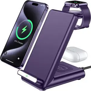 Wireless Charging Station,3 in 1 Charging Stand Made for Apple Watch Ultra 11 10 9 8 7 6 SE 5 4 3,Fast Wireless Charger Made for iPhone 17/Air/16/15/14/13/12,for AirPods Pro 3(with Adapter) (Purple) Wireless Charging Station,3 in 1 Charging Stand Made for Apple Watch Ultra 11 10 9 8 7 6 SE 5 4 3,Fast Wireless Charger Made for iPhone 17/Air/16/15/14/13/12,for AirPods Pro 3(with Adapter) (Purple)