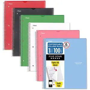 Spiral Notebook + Study App, 6 Pack, 1 Subject, College Ruled, 8-1/2" x 11", 100 Sheets, Fights Ink Bleed, Customizable Water Resistant Cover, Assorted Colors (820045-ECM) Spiral Notebook + Study App, 6 Pack, 1 Subject, College Ruled, 8-1/2" x 11", 100 Sheets, Fights Ink Bleed, Customizable Water Resistant Cover, Assorted Colors (820045-ECM)