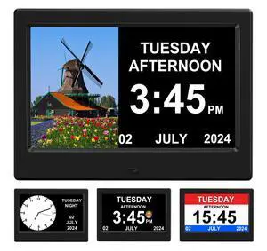 (No Power Adapter Alarm Clock with Day and Date for Elderly 7inch Digital Calendar Clock Photo Frame- Auto Dimmable Display 15 Alarm Options, Clock with Non-Abbreviated Day & Month (No Power Adapter Alarm Clock with Day and Date for Elderly 7inch Digital Calendar Clock Photo Frame- Auto Dimmable Display 15 Alarm Options, Clock with Non-Abbreviated Day & Month