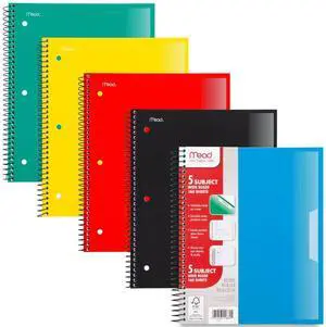 Spiral Notebook, 5 Pack, 5 Subject, Wide Ruled Paper, Plastic Cover, 8" x 10-1/2", 160 Sheets per Notebook, Black, Red, Blue, Green and Yellow (930101A-ECM) Spiral Notebook, 5 Pack, 5 Subject, Wide Ruled Paper, Plastic Cover, 8" x 10-1/2", 160 Sheets per Notebook, Black, Red, Blue, Green and Yellow (930101A-ECM)