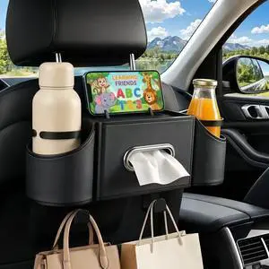 Back Seat Car Organizer, Nappa Leather Car Seat Organizer with Cup Holders and Tissue Box, Premium Hanging Storage Bag for SUV Truck Road Trip (Black) Back Seat Car Organizer, Nappa Leather Car Seat Organizer with Cup Holders and Tissue Box, Premium Hanging Storage Bag for SUV Truck Road Trip (Black)