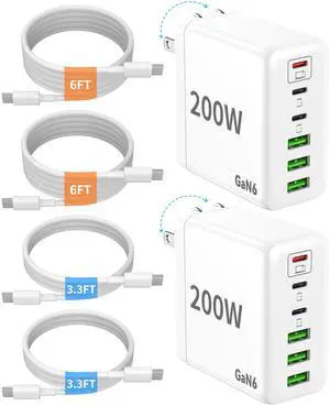 2 Pack USB C Charger Block, 200W GaN Super Fast Charger Type C iPhone 17 16 Fast Charging 6 Port Foldable PD Charging Station for All iPhone/Android Phone Samsung Galaxy S25/S24/MacBook iPad 2 Pack USB C Charger Block, 200W GaN Super Fast Charger Type C iPhone 17 16 Fast Charging 6 Port Foldable PD Charging Station for All iPhone/Android Phone Samsung Galaxy S25/S24/MacBook iPad