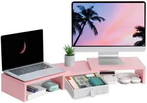 Pink Dual Monitor Stand Riser with Drawer - Length and Angle Adjustable Double Corner Desk Shelf Organizer 37 inch for 2 Laptop/PC/Screen/TV Pink Dual Monitor Stand Riser with Drawer - Length and Angle Adjustable Double Corner Desk Shelf Organizer 37 inch for 2 Laptop/PC/Screen/TV