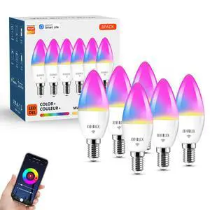 6 Pack E12 Smart Candelabra LED Light Bulbs, Color Changing Compatible with Google Alexa and Smart Life, 5W 40W Equivalent WiFi Candle Bulbs with Remote Control, Timer 6 Pack E12 Smart Candelabra LED Light Bulbs, Color Changing Compatible with Google Alexa and Smart Life, 5W 40W Equivalent WiFi Candle Bulbs with Remote Control, Timer