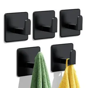 Adhesive Towel Hooks, 5 Pack Heavy Duty Wall Hooks 15lb Max, No Drilling Sticky Hooks for Bathroom Shower Kitchen, Waterproof Rustproof Stainless Steel Hooks for Towels, Robes, Coats, Black Adhesive Towel Hooks, 5 Pack Heavy Duty Wall Hooks 15lb Max, No Drilling Sticky Hooks for Bathroom Shower Kitchen, Waterproof Rustproof Stainless Steel Hooks for Towels, Robes, Coats, Black