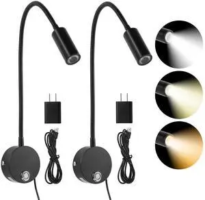 Reading Light for Bed, Wall Mounted Reading Lights with 15" Flexible Gooseneck, Touch Control, 3 Colors Temperature and Stepless Dimmable, Plug in Headboard Book Light(2 Pack) Reading Light for Bed, Wall Mounted Reading Lights with 15" Flexible Gooseneck, Touch Control, 3 Colors Temperature and Stepless Dimmable, Plug in Headboard Book Light(2 Pack)