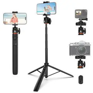 60" Extendable Travel Tripod & Selfie Stick with Cold Shoe & Wireless Remote, 360° Ball Head for Vlogging - Lightweight Phone Tripod for iPhone 60" Extendable Travel Tripod & Selfie Stick with Cold Shoe & Wireless Remote, 360° Ball Head for Vlogging - Lightweight Phone Tripod for iPhone