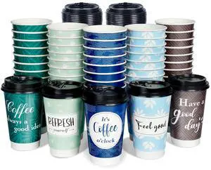 Disposable Coffee Cups with Lids 16 oz, 50 Pack Double-Walled Fun Designs, Insulated, Hot Beverage Paper Cups for Cold & Hot Drinks Disposable Coffee Cups with Lids 16 oz, 50 Pack Double-Walled Fun Designs, Insulated, Hot Beverage Paper Cups for Cold & Hot Drinks