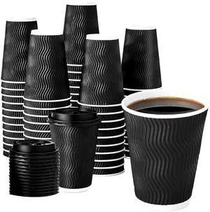 12 oz Coffee Cups with Lids, 60 Pack Insulated Corrugated Paper Cups, Disposable Coffee Cups for Water, Juice, Coffee (Black 12 oz) 12 oz Coffee Cups with Lids, 60 Pack Insulated Corrugated Paper Cups, Disposable Coffee Cups for Water, Juice, Coffee (Black 12 oz)