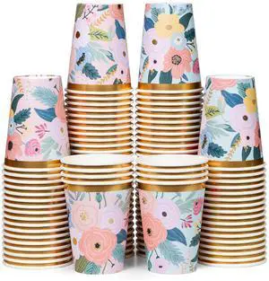 Disposable Coffee Cups, 100-Pack 12-oz Bulk Paper Cups for Hot or Cold Drinks, Blush Bloom & Garden Gala Floral Designs with Gold Foil, For Office, Parties, and To-Go Use (No Lids) Disposable Coffee Cups, 100-Pack 12-oz Bulk Paper Cups for Hot or Cold Drinks, Blush Bloom & Garden Gala Floral Designs with Gold Foil, For Office, Parties, and To-Go Use (No Lids)