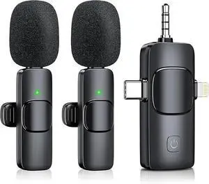 Wireless Lavalier Microphone for iPhone & Android & iPad & Camera - 2 Pack 3 in 1 Mini Microphones with Noise Reduction Lapel Mic for Live Stream Content Creators Podcast Wireless Lavalier Microphone for iPhone & Android & iPad & Camera - 2 Pack 3 in 1 Mini Microphones with Noise Reduction Lapel Mic for Live Stream Content Creators Podcast