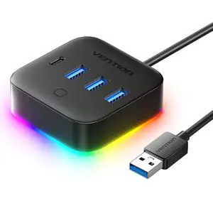 4 in 1 Port USB Hub with RGB Light, 5Gbps USB A Splitter with USB 3.2 Gen 1×Type-C, USB A 3.0×3 Data Ports and 1×5V/2A Power Port for Laptop/MacBook/Keyboard, 0.25M 4 in 1 Port USB Hub with RGB Light, 5Gbps USB A Splitter with USB 3.2 Gen 1×Type-C, USB A 3.0×3 Data Ports and 1×5V/2A Power Port for Laptop/MacBook/Keyboard, 0.25M