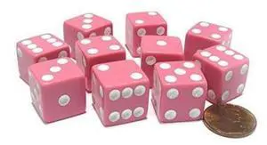 of 10 Six Sided Square Opaque 16mm D6 Dice Pink with White Pip Die of 10 Six Sided Square Opaque 16mm D6 Dice Pink with White Pip Die