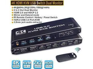 Dual Monitor HDMI KVM Switch 2 PCs 2 Monitors, 4K @60Hz HDMI KVM Switch 2 Port Extended Display, HDMI KVM Switch 2 in 2 Out with 3.5mm Audio, Support 4 USB 3.0 Share Keyboard Mouse Printer with Hotkey Dual Monitor HDMI KVM Switch 2 PCs 2 Monitors, 4K @60Hz HDMI KVM Switch 2 Port Extended Display, HDMI KVM Switch 2 in 2 Out with 3.5mm Audio, Support 4 USB 3.0 Share Keyboard Mouse Printer with Hotkey