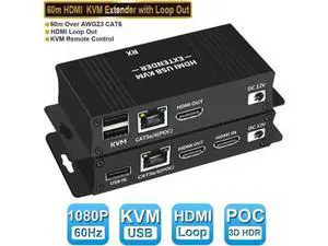 60M HDMI KVM USB Extender Over IP Over Ethernet 1080p HD Video Over Cat5e Cat6 Ethernet Cable 60M (196ft) for Mouse and Keyboard Control Remote Signals (Black) 60M HDMI KVM USB Extender Over IP Over Ethernet 1080p HD Video Over Cat5e Cat6 Ethernet Cable 60M (196ft) for Mouse and Keyboard Control Remote Signals (Black)
