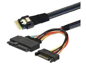 Mini Slimline SAS SFF-8654 4i 38P to U.2 SFF-8639 Cable, 24Gbps SAS 4.0, 32AWG Server Grade with SATA 15P Power, 31.49 Inch Mini Slimline SAS SFF-8654 4i 38P to U.2 SFF-8639 Cable, 24Gbps SAS 4.0, 32AWG Server Grade with SATA 15P Power, 31.49 Inch