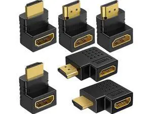 6 Pack 90°/270° Angled HDMI 2.0 Male to Female Adapters, Left/Right/Up/Down Direction Gold-Plated Connectors Support 4K 3D 6 Pack 90°/270° Angled HDMI 2.0 Male to Female Adapters, Left/Right/Up/Down Direction Gold-Plated Connectors Support 4K 3D