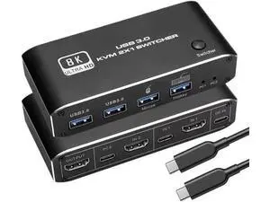 2 In 1 Out HDMI 2.1 KVM Switch 8K@60Hz, 2 PCs Share 1 Monitor Keyboard Mouse & Dual USB 3.0 Ports, Support Dynamic HDR, VRR, RGB 8:8:8, One-Button & Hotkey Switching 2 In 1 Out HDMI 2.1 KVM Switch 8K@60Hz, 2 PCs Share 1 Monitor Keyboard Mouse & Dual USB 3.0 Ports, Support Dynamic HDR, VRR, RGB 8:8:8, One-Button & Hotkey Switching