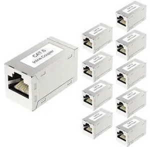 10 Pack Silver Shielded RJ45 Cat6 Coupler, Female to Female Inline PoE Ethernet Extender Connector Compatible with Cat5/Cat5e/Cat6 Network Cables 10 Pack Silver Shielded RJ45 Cat6 Coupler, Female to Female Inline PoE Ethernet Extender Connector Compatible with Cat5/Cat5e/Cat6 Network Cables
