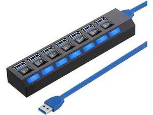 Black 7-Port USB 3.0 Splitter Hub with Individual On/Off Switches & LED Power Indicators, High Speed USB-A Data Expander for Laptop, Desktop PC, Mobile HDD, Flash Drive and USB Peripherals Black 7-Port USB 3.0 Splitter Hub with Individual On/Off Switches & LED Power Indicators, High Speed USB-A Data Expander for Laptop, Desktop PC, Mobile HDD, Flash Drive and USB Peripherals