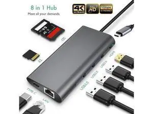 8-in-1 USB C Multiport Hub Adapter with Gigabit Ethernet, 4K HDMI, 3 USB3.0, SD/TF Card Reader & PD Charging, Portable Docking Station for MacBook Pro and All USB-C Laptops 8-in-1 USB C Multiport Hub Adapter with Gigabit Ethernet, 4K HDMI, 3 USB3.0, SD/TF Card Reader & PD Charging, Portable Docking Station for MacBook Pro and All USB-C Laptops