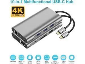 10 in 1 USB C Docking Station Multiport Hub, USB C Adapter with HDMI, VGA, 3 USB3.0, Gigabit RJ45 Ethernet, PD Charging, SD/TF Reader & 3.5mm Audio for MacBook Air Pro 10 in 1 USB C Docking Station Multiport Hub, USB C Adapter with HDMI, VGA, 3 USB3.0, Gigabit RJ45 Ethernet, PD Charging, SD/TF Reader & 3.5mm Audio for MacBook Air Pro