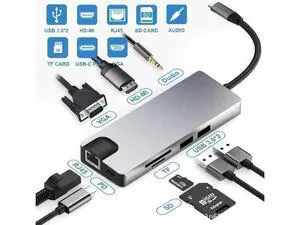 9-in-1 USB C Multiport Adapter Dock, 4K HDMI, 1080P VGA, Gigabit Ethernet, 60W PD Charging, 4×USB 3.0, SD/TF Card Reader & 3.5mm Audio Jack for USB-C Laptops, MacBook Pro/Air, iPad Pro 9-in-1 USB C Multiport Adapter Dock, 4K HDMI, 1080P VGA, Gigabit Ethernet, 60W PD Charging, 4×USB 3.0, SD/TF Card Reader & 3.5mm Audio Jack for USB-C Laptops, MacBook Pro/Air, iPad Pro