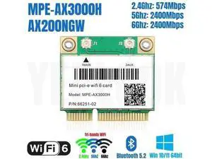 MPE-AX3000H Mini PCIe WiFi 6 Network Card with AX200HMW Chip, Tri-Band 2.4G/5G/6GHz, 2400Mbps+574Mbps, Bluetooth 5.2, MU-MIMO for Laptop Upgrade MPE-AX3000H Mini PCIe WiFi 6 Network Card with AX200HMW Chip, Tri-Band 2.4G/5G/6GHz, 2400Mbps+574Mbps, Bluetooth 5.2, MU-MIMO for Laptop Upgrade
