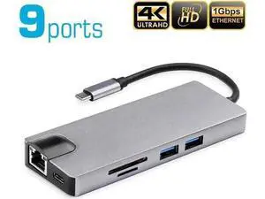 9-in-1 USB C Multiport Hub Adapter, USB C Dongle with 4K HDMI, 1080P VGA, Gigabit Ethernet, 60W PD Charging, 2 USB3.0, SD TF Card Reader, 3.5mm Audio Mic Jack, Compatible with MacBook Pro/Air, iPad Pr 9-in-1 USB C Multiport Hub Adapter, USB C Dongle with 4K HDMI, 1080P VGA, Gigabit Ethernet, 60W PD Charging, 2 USB3.0, SD TF Card Reader, 3.5mm Audio Mic Jack, Compatible with MacBook Pro/Air, iPad Pr