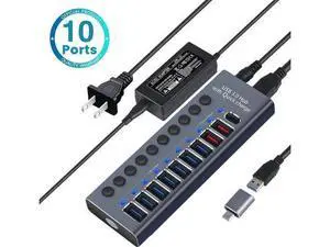10 Ports 60W USB 3.0 Hub with Individual On/Off Switches, Aluminum Shell, 12V/5A Power Adapter, 5Gbps High Speed Data & Charging Hub for PC Laptop Mobile Hard Drive 10 Ports 60W USB 3.0 Hub with Individual On/Off Switches, Aluminum Shell, 12V/5A Power Adapter, 5Gbps High Speed Data & Charging Hub for PC Laptop Mobile Hard Drive