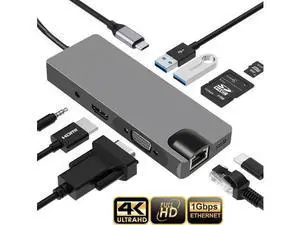 9-in-1 USB C Multiport Docking Station, Portable Adapter with Gigabit Ethernet, 4K HDMI, VGA, 100W PD Charging, 2 USB3.0, SD/TF Reader & 3.5mm Audio Jack for MacBook Pro & All USB-C Laptops 9-in-1 USB C Multiport Docking Station, Portable Adapter with Gigabit Ethernet, 4K HDMI, VGA, 100W PD Charging, 2 USB3.0, SD/TF Reader & 3.5mm Audio Jack for MacBook Pro & All USB-C Laptops