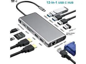12-in-1 Triple Display USB C Docking Station, USB C Multiport Adapter with Dual HDMI, VGA, Gigabit Ethernet, 100W PD Charging, 2 USB3.0, 3 USB2.0, SD TF Card Reader, 3.5mm Audio Jack, Compatible with 12-in-1 Triple Display USB C Docking Station, USB C Multiport Adapter with Dual HDMI, VGA, Gigabit Ethernet, 100W PD Charging, 2 USB3.0, 3 USB2.0, SD TF Card Reader, 3.5mm Audio Jack, Compatible with
