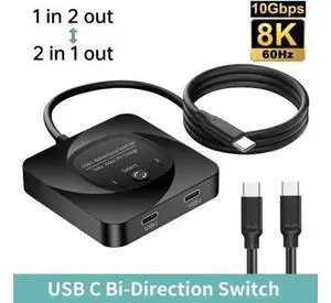 Bi-Directional USB-C Switch Selector 2 In 1 Out / 1 In 2 Out, 8K@60Hz, USB3.1 Gen2 10Gbps Data, PD 100W Charging with Power Indicator for Laptops & PCs Bi-Directional USB-C Switch Selector 2 In 1 Out / 1 In 2 Out, 8K@60Hz, USB3.1 Gen2 10Gbps Data, PD 100W Charging with Power Indicator for Laptops & PCs