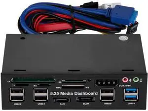 5.25 Inch Multifunction Front Panel Media Dashboard Card Reader, Internal PC Front Bay Hub with USB 3.0 20Pin, USB 2.0, e-SATA & SATA Ports for Desktop Computer 5.25 Inch Multifunction Front Panel Media Dashboard Card Reader, Internal PC Front Bay Hub with USB 3.0 20Pin, USB 2.0, e-SATA & SATA Ports for Desktop Computer