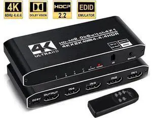 4 in 1 Out HDMI 2.0 Switch 4K@60Hz with IR Remote, 4-Port HDMI Switcher Support HDR HDCP2.2 3D 1080P, for PS4, Xbox One, Fire TV, Apple TV, Sky Box, STB, DVD, Roku 4 in 1 Out HDMI 2.0 Switch 4K@60Hz with IR Remote, 4-Port HDMI Switcher Support HDR HDCP2.2 3D 1080P, for PS4, Xbox One, Fire TV, Apple TV, Sky Box, STB, DVD, Roku
