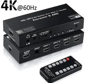 4 Port HDMI 2.0b Switch 4K@60Hz Audio Extractor, 4 in 1 Out HDMI Splitter with Optical SPDIF & 3.5mm AUX Out, Remote Control, ARC, HDR, Dolby Vision, HDCP 2.2, 18Gbps Bandwidth 4 Port HDMI 2.0b Switch 4K@60Hz Audio Extractor, 4 in 1 Out HDMI Splitter with Optical SPDIF & 3.5mm AUX Out, Remote Control, ARC, HDR, Dolby Vision, HDCP 2.2, 18Gbps Bandwidth