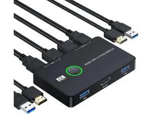 2 Port HDMI USB 3.0 KVM Switch Box 4K@60Hz, 2 Computers Share 1 Monitor Keyboard Mouse Printer, Comes with 2 USB Cables & 2 HDMI Cables 2 Port HDMI USB 3.0 KVM Switch Box 4K@60Hz, 2 Computers Share 1 Monitor Keyboard Mouse Printer, Comes with 2 USB Cables & 2 HDMI Cables