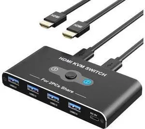 2 Port HDMI KVM Switch 4K@60Hz, 2 PCs Share 1 Monitor with 4 USB 3.0 Ports, Comes with 2 HDMI, 2 USB-A & 1 USB-C Cables 2 Port HDMI KVM Switch 4K@60Hz, 2 PCs Share 1 Monitor with 4 USB 3.0 Ports, Comes with 2 HDMI, 2 USB-A & 1 USB-C Cables