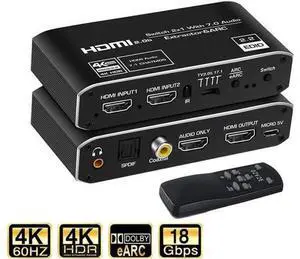 2 in 1 Out HDMI Switch with Audio Extractor, 4K@60Hz HDMI 2.0b Signal Switcher, Separates HDMI Signal to HDMI Video + Optical SPDIF / Coaxial / 3.5mm Stereo Audio, HDCP2.2 HDR 3D Supported, Compatible 2 in 1 Out HDMI Switch with Audio Extractor, 4K@60Hz HDMI 2.0b Signal Switcher, Separates HDMI Signal to HDMI Video + Optical SPDIF / Coaxial / 3.5mm Stereo Audio, HDCP2.2 HDR 3D Supported, Compatible