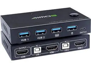 AIMOS 2 Port HDMI KVM Switch Box with 4 USB Hub, 4K@30Hz UHD, 2 Computers Share 1 HD Monitor, Keyboard & Mouse AIMOS 2 Port HDMI KVM Switch Box with 4 USB Hub, 4K@30Hz UHD, 2 Computers Share 1 HD Monitor, Keyboard & Mouse