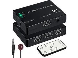 3 in 1 Out HDMI 2.1 Switch, 3-Port 8K@60Hz 4K@120Hz HDMI Selector Box with IR Remote & Auto Switching, 48Gbps Bandwidth, Supports HDCP2.3 HDR10+ 1080P@240Hz, Compatible with Xbox Series X/S, PS5, PS4, 3 in 1 Out HDMI 2.1 Switch, 3-Port 8K@60Hz 4K@120Hz HDMI Selector Box with IR Remote & Auto Switching, 48Gbps Bandwidth, Supports HDCP2.3 HDR10+ 1080P@240Hz, Compatible with Xbox Series X/S, PS5, PS4,
