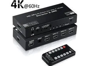 4 in 1 Out HDMI 2.0b Audio Extractor Switch with IR Remote, 4 Port 4K@60Hz HDMI Switcher with Optical SPDIF & 3.5mm AUX Audio Output, 18Gbps Bandwidth Supports ARC, HDR, HDCP 2.2, Dolby Vision 4 in 1 Out HDMI 2.0b Audio Extractor Switch with IR Remote, 4 Port 4K@60Hz HDMI Switcher with Optical SPDIF & 3.5mm AUX Audio Output, 18Gbps Bandwidth Supports ARC, HDR, HDCP 2.2, Dolby Vision