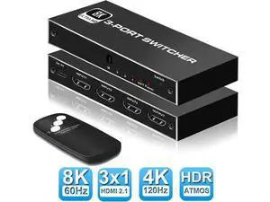 3 in 1 Out HDMI 2.1 8K Switch with IR Remote Control, 3-Port 48Gbps HDMI Switcher Box Supports 8K@60Hz, 4K@120Hz, 4K@30Hz & 3D, Compatible with Nintendo Switch, PS4/PS5, Xbox 360/Xbox One, Fire TV Sti 3 in 1 Out HDMI 2.1 8K Switch with IR Remote Control, 3-Port 48Gbps HDMI Switcher Box Supports 8K@60Hz, 4K@120Hz, 4K@30Hz & 3D, Compatible with Nintendo Switch, PS4/PS5, Xbox 360/Xbox One, Fire TV Sti
