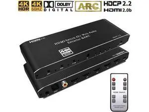 4 in 1 Out HDMI Switch with Audio Extractor & IR Remote, 4K@60Hz HDMI Audio Separator Converter with Optical SPDIF, Coaxial & 3.5mm AUX Output, Supports ARC, HDR10, Dolby Atmos, EDID & HDCP2.2 4 in 1 Out HDMI Switch with Audio Extractor & IR Remote, 4K@60Hz HDMI Audio Separator Converter with Optical SPDIF, Coaxial & 3.5mm AUX Output, Supports ARC, HDR10, Dolby Atmos, EDID & HDCP2.2