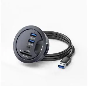 USB 3.0 Flush Mount Desktop Hub, 60mm Grommet Hole Dock with 2 USB3.0, USB-C and SD/TF Card Reader for Office Desk Expansion USB 3.0 Flush Mount Desktop Hub, 60mm Grommet Hole Dock with 2 USB3.0, USB-C and SD/TF Card Reader for Office Desk Expansion