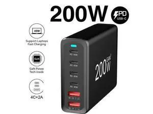 GaN 200W 6-Port USB-C USB-A Charger QC3.0 PD3.0 Type C Fast Charging Mobile Phone Charging Station for Various Brands of Mobile Phones Tablet PC GaN 200W 6-Port USB-C USB-A Charger QC3.0 PD3.0 Type C Fast Charging Mobile Phone Charging Station for Various Brands of Mobile Phones Tablet PC