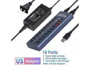 XJYLCPC 10-Port Powered USB 3.0 Hub with 7 USB 3.0 Data Transmission Ports + 2 Smart Charging Ports + 1 PD Charging Port, USB Splitter for Laptop/PC, work for Mouse, Keyboard, Hard Drive XJYLCPC 10-Port Powered USB 3.0 Hub with 7 USB 3.0 Data Transmission Ports + 2 Smart Charging Ports + 1 PD Charging Port, USB Splitter for Laptop/PC, work for Mouse, Keyboard, Hard Drive