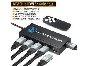 8K@60Hz HDMI Switch 5x1 HD 8K HDMI Video Switcher Adapter 5 In 1 Out HDMI Splitter with Remote Control for DVD HDTV TV Box PS4 - OZ8Q5 8K@60Hz HDMI Switch 5x1 HD 8K HDMI Video Switcher Adapter 5 In 1 Out HDMI Splitter with Remote Control for DVD HDTV TV Box PS4 - OZ8Q5